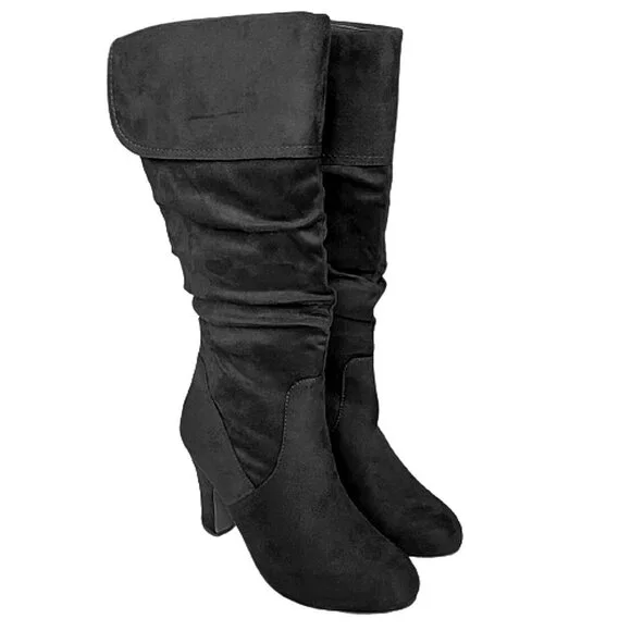 Women's Fold-Over Shaft Slouch Knee-High Suede Boots | Side Zip | Slim Heel - Picture 6 of 9